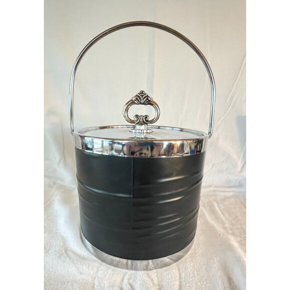 Vintage Black Vinyl & Chrome Ice Bucket Mid Century Barware Retro Entertaining - Picture 6 of 13